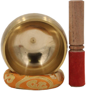 Medium ~ Tibetan OM MANI Singing Bowl Set ~ With Mallet, Brocade Cushion & Carry Bag ~ For Meditation, Chakra Healing, Prayer, Yoga (Yellow) - DharmaObjects