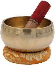 Load image into Gallery viewer, Medium ~ Tibetan OM MANI Singing Bowl Set ~ With Mallet, Brocade Cushion &amp; Carry Bag ~ For Meditation, Chakra Healing, Prayer, Yoga (Yellow) - DharmaObjects