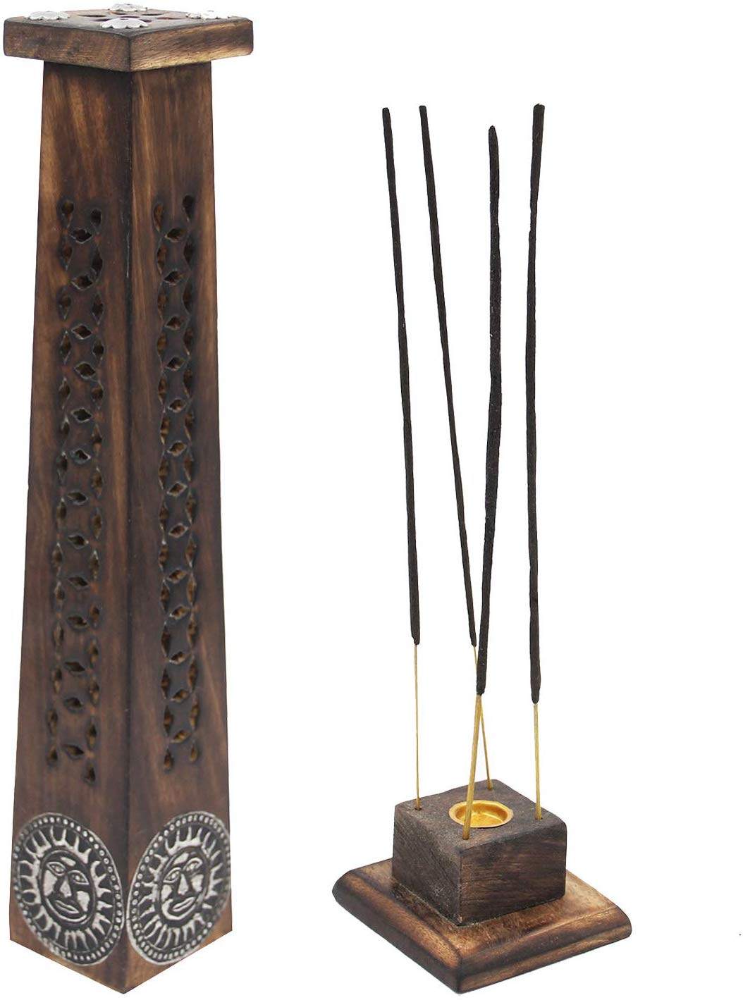 Wooden Artisan Decor Table Top Incense Stick Holder Burner Tower Stand (Sun) - DharmaObjects