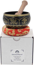Load image into Gallery viewer, Tibetan OM MANI Singing Bowl Set ~ With Mallet, Brocade Cushion &amp; Carry Bag ~ For Meditation, Chakra Healing, Prayer, Yoga (Eight Lucky Symbol, Black) - DharmaObjects