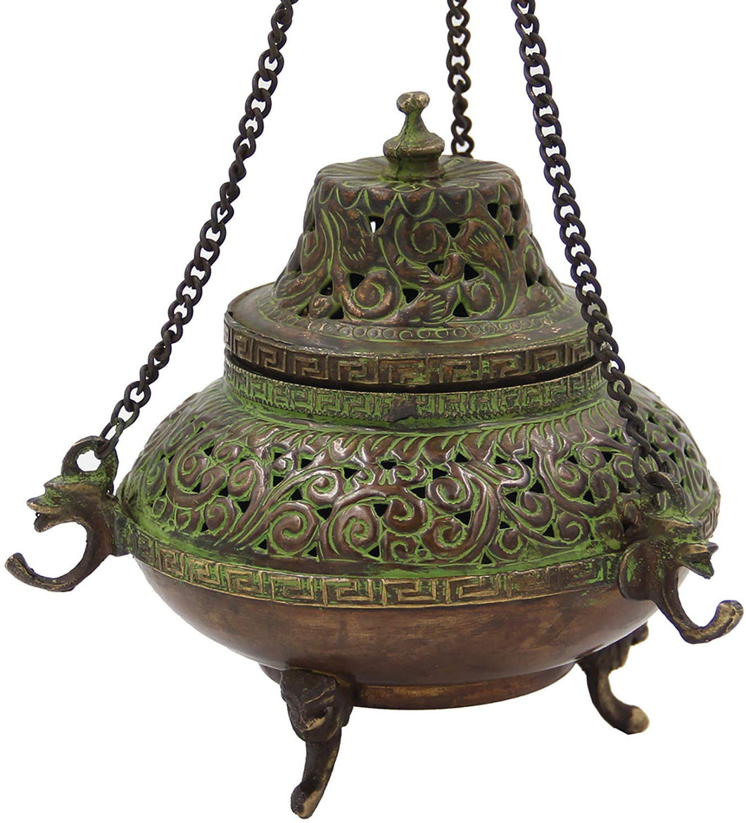 Tibetan Traditional Hanging Incense Burner Copper (5.5 x 4.5 x 4.5 Inches, Hanging 7) - DharmaObjects