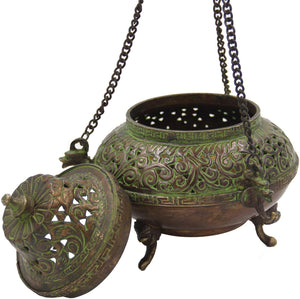 Tibetan Traditional Hanging Incense Burner Copper (5.5 x 4.5 x 4.5 Inches, Hanging 7) - DharmaObjects