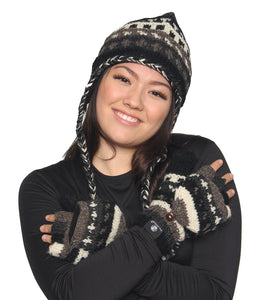 Nepal Hand Knit Ear Flaps Beanie Ski Wool Hat & Glove Mitten Set - DharmaObjects