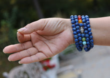 Load image into Gallery viewer, Tibetan Prayer Meditation Healing Chakra Lapis Lazuli 108 Beads Mala With Silver Guru Bead , Silver Spacers And Mala Wooden Box