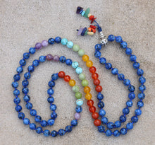 Load image into Gallery viewer, Tibetan Lapis Lazuli Chakra 108 Beads Mala Meditation Yoga With Silver Guru Bead, Silver Spacers And Mala Wooden Box