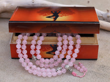 Load image into Gallery viewer, Tibetan Rose Quartz 108 Beads Mala Meditation Yoga With Silver Guru Bead, Silver Spacers And Mala Wooden Box