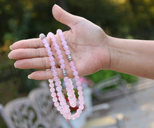 Load image into Gallery viewer, Tibetan Rose Quartz 108 Beads Mala Meditation Yoga With Silver Guru Bead, Silver Spacers And Mala Wooden Box