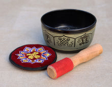 Load image into Gallery viewer, Tibetan Singing Bowl Complete Set Eight Lucky Symbol With Mallet and Cushion ~ For Meditation, Chakra Healing, Prayer, Yoga