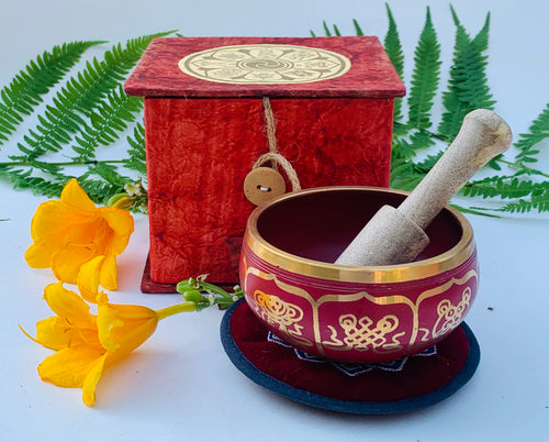 Tibetan 8 Lucky Symbols Singing Bowl Complete Set ~ With Mallet, Mat Cushion & Gift Box ~ For Meditation, Chakra Healing, Prayer, Yoga